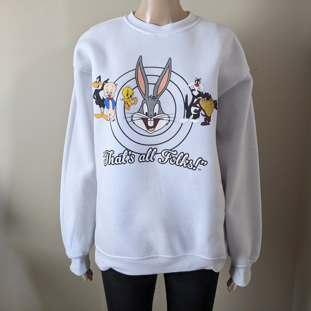 Looney Tunes White Crewneck Sweater, Men's Small
